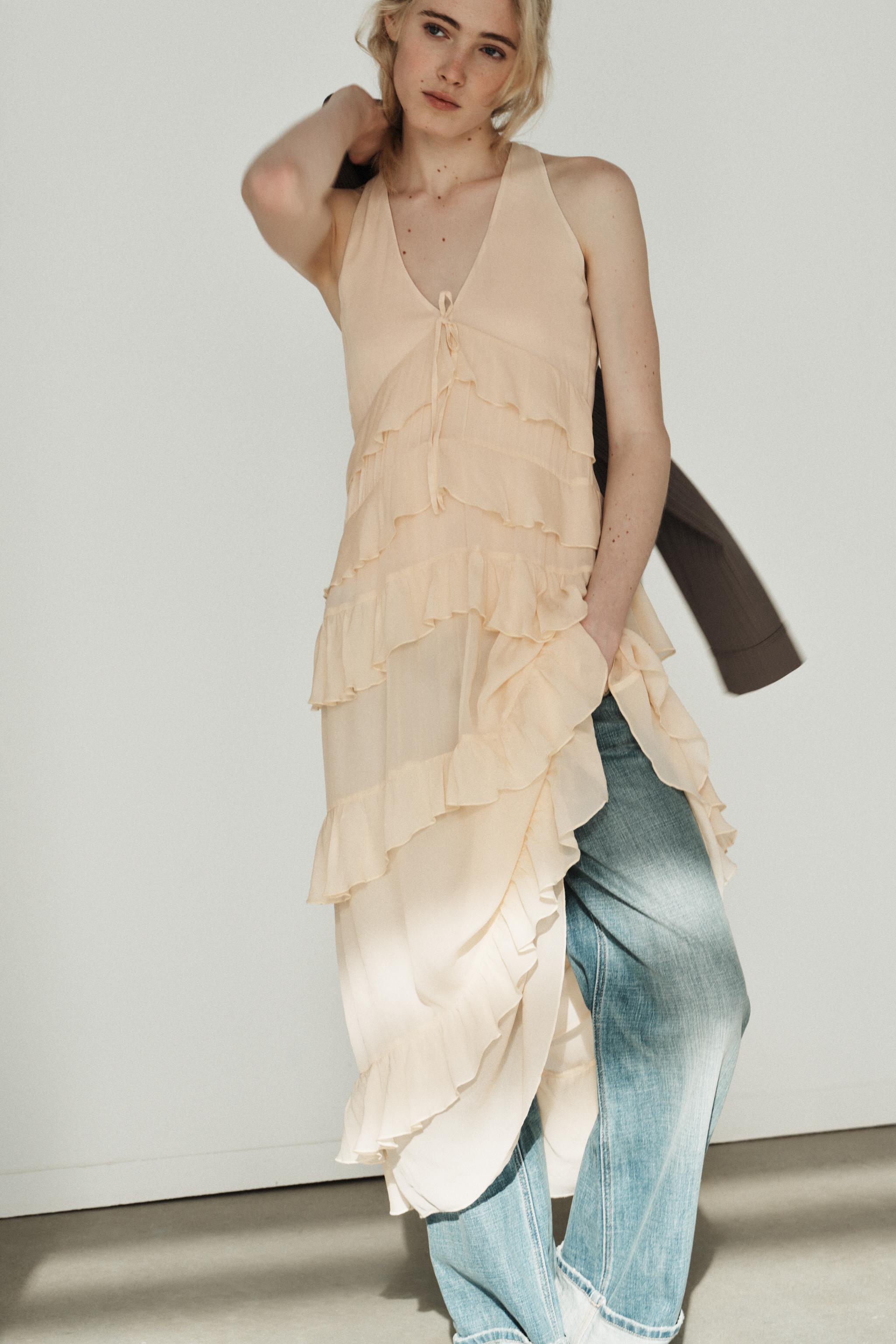 RUFFLED MIDI DRESS - Cream | ZARA United States RUFFLED MIDI DRESS - Cream | ZARA United States