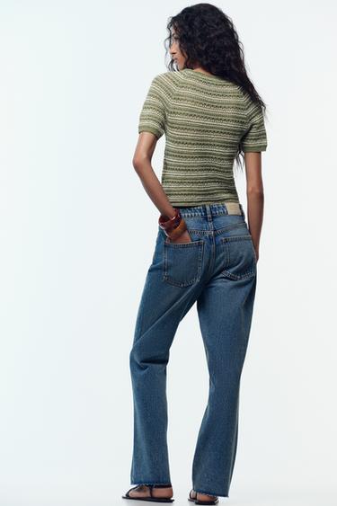 STRIPED TEXTURED KNIT SHORT SLEEVE TOP - Green / Ecru by Zara - Image 4