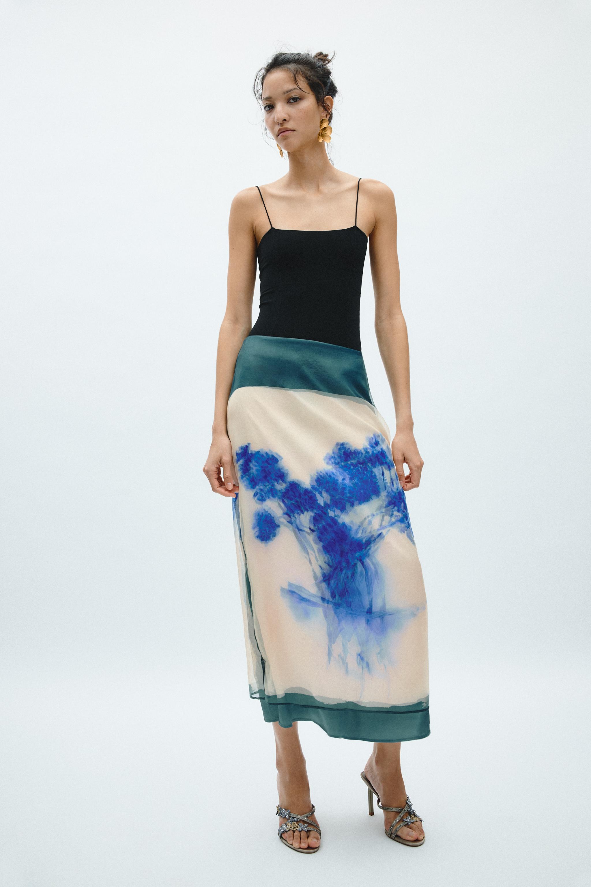 ZW COLLECTION PRINTED MIDI SKIRT - Ecru / Blue | ZARA Australia ZW COLLECTION PRINTED MIDI SKIRT - Ecru / Blue | ZARA Australia