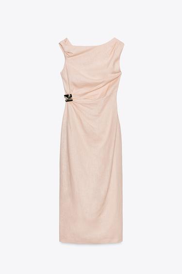 ASYMMETRIC MIDI DRESS WITH LINEN BLEND APPLIQUÉ - Peach by Zara - Image 7