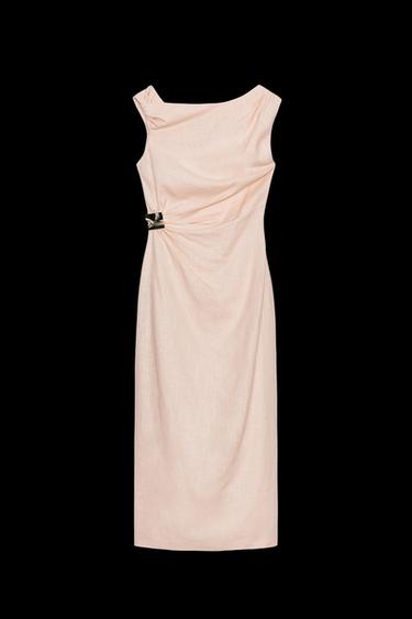 ASYMMETRISCHES MIDI-KLEID MIT APPLIKATION AUS LEINEN - Pfirsichfarben von Zara