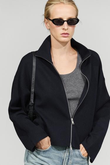 Cotton knit zip-up jacket — Navy blue 2