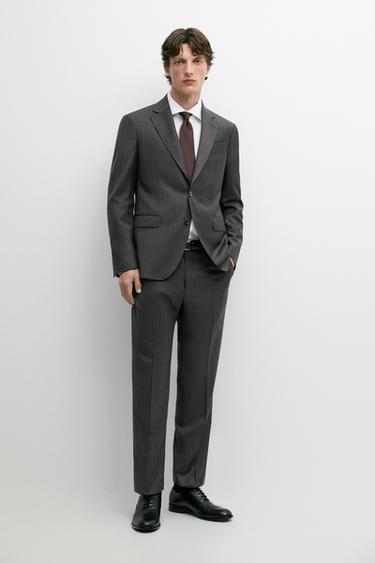 Zara 100% wool striped suit blazer - Anthracite Gray - Image 0