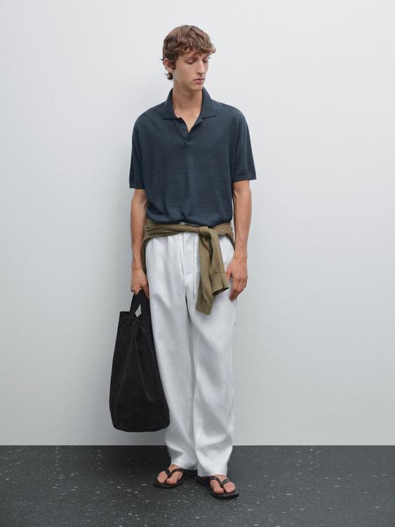 Linen blend knit polo shirt