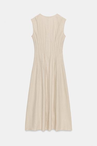 MIDI LINEN BLEND DRESS WITH TUCKS - Light beige by Zara - Image 6