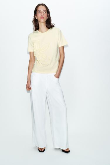 Zara RAISED FLORAL T-SHIRT - Yellow