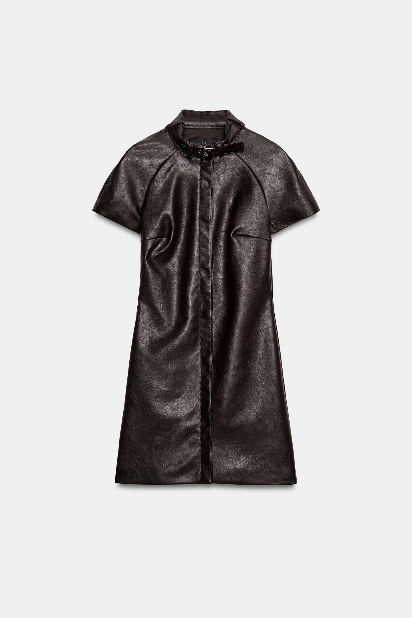 Женское платье Zara Faux Leather Mini Dress with Buckle, цвет: Тёмный коричневый — фото 6