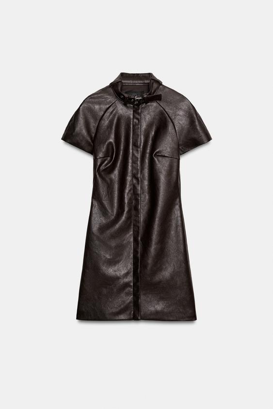 FAUX LEATHER MINI DRESS WITH BUCKLE - Dark brown