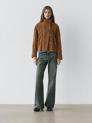 Zara Suede leather jacket with buttons - Dark mink