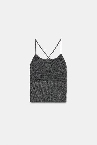 Zara METALLIC THREAD CROP TOP - Black / Silver