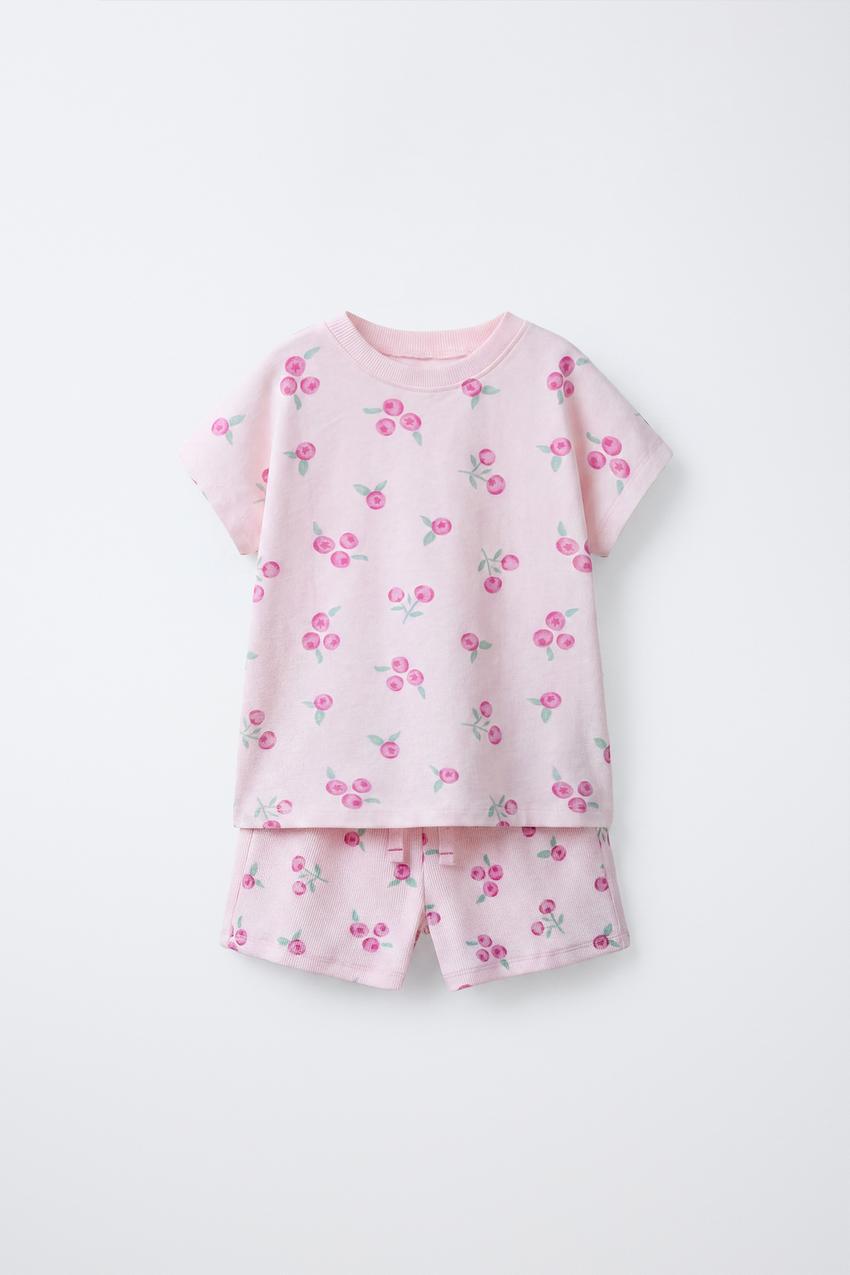 1歳半～6歳用 チェリー柄パジャマ - ピンク | ZARA Japan / 日本 ZARA 花柄セットアップ 半袖 トップス ショートパンツ116cm チェリー