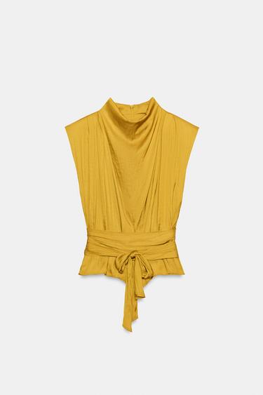 BLUSA ACETINADA COM LAÇO - Mostarda da Zara - Imagem 0