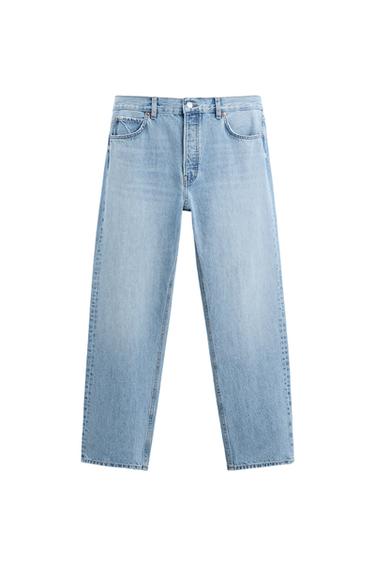 Front view of blue jeans with front pockets and belt loops.