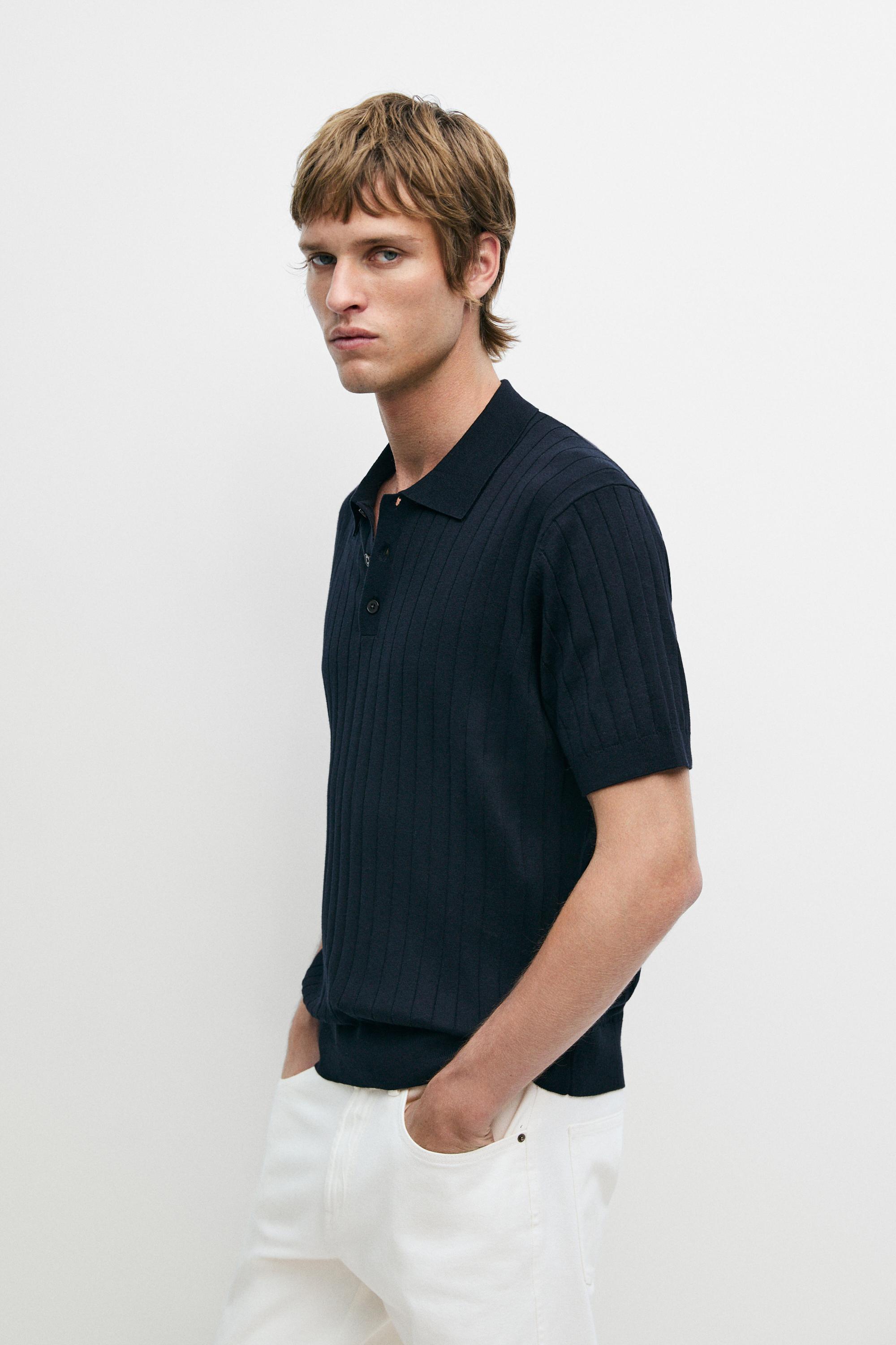 Ribbed knit cotton blend polo shirt — Navy blue