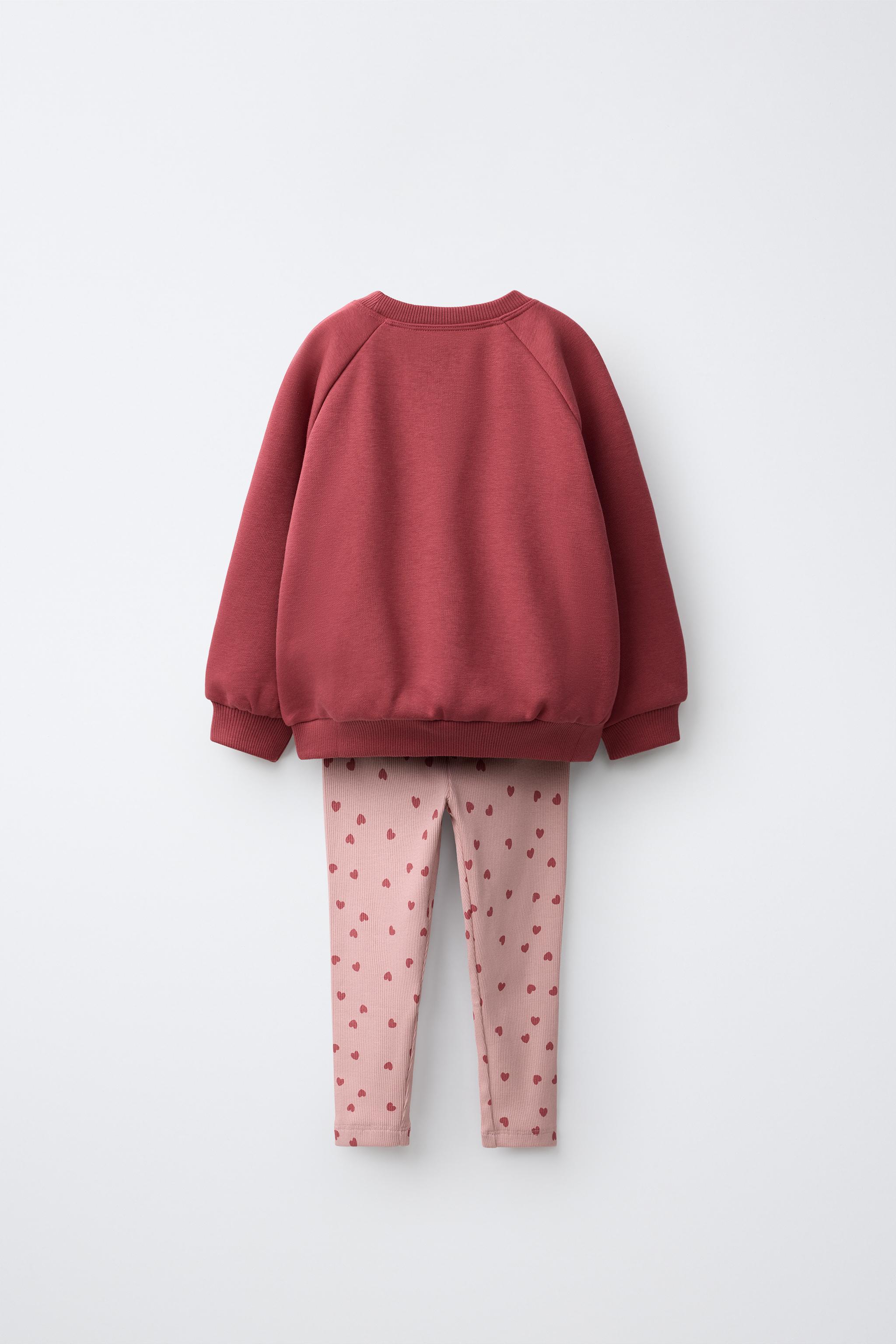 HEART PRINT RIBBED SWEATSHIRT AND LEGGINGS SET — Red