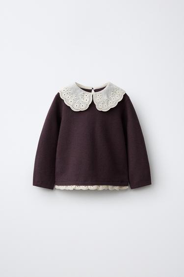 PULLOVER IN MAGLIA CON COLLETTO PETER PAN RICAMATO - Borgogna di Zara