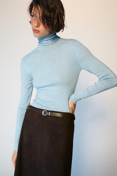 Zara WOOL BLEND HIGH NECK JUMPER - Light blue