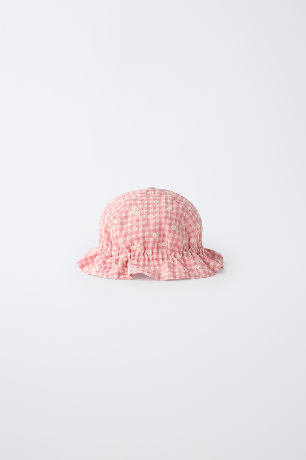 GINGHAM CHECK HAT WITH EMBROIDERED FLOWERS