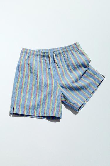 Zara AGES 6-14 / STRIPED SEERSUCKER SWIM SHORTS - Blue