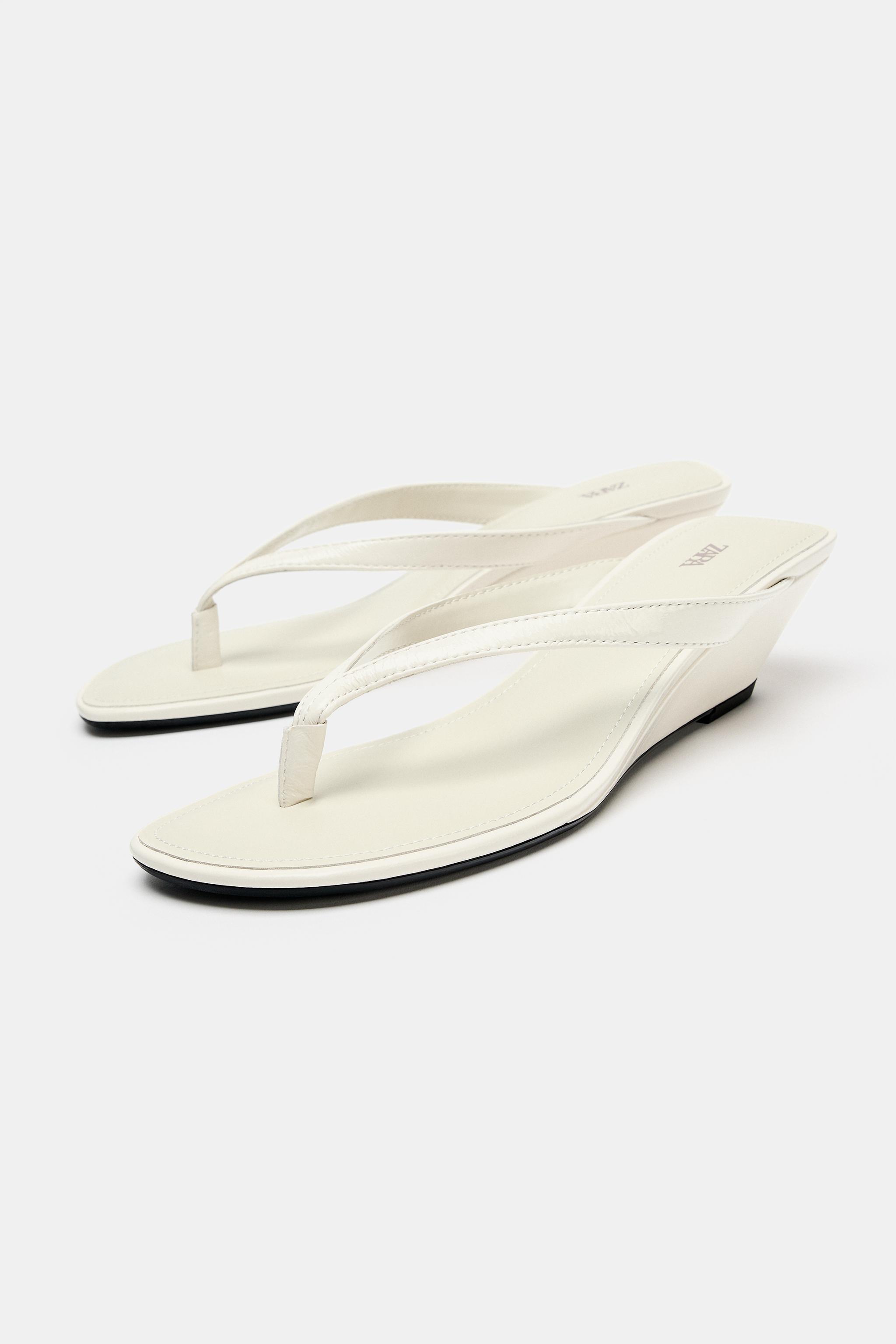 LEATHER WEDGE SANDALS — Ecru White