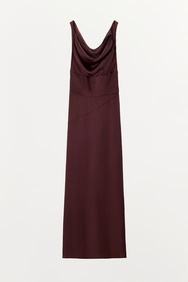 SATIN DRAPED NECKLINE DRESS - bordeaux/ecru by Zara - Image 4
