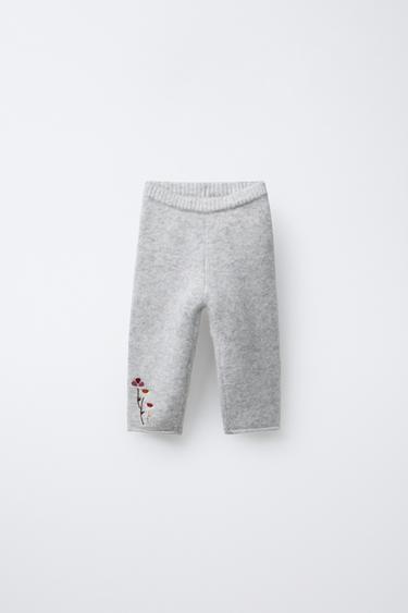 Zara EMBROIDERED FLORAL KNIT PANTS - Gray marl