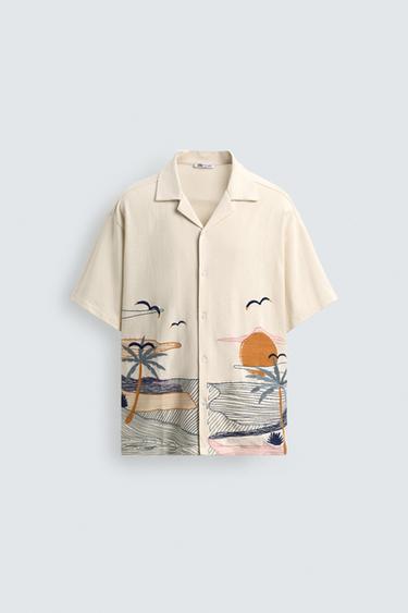 Zara EMBROIDERED TEXTURED SHIRT - Oyster-white