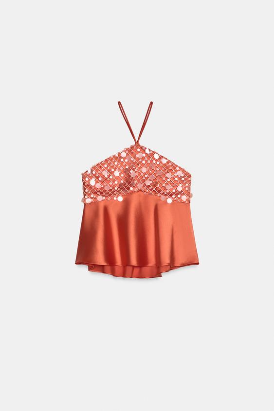 TOP COMBINADO LENTEJUELAS - Naranja de Zara - Imagen 0