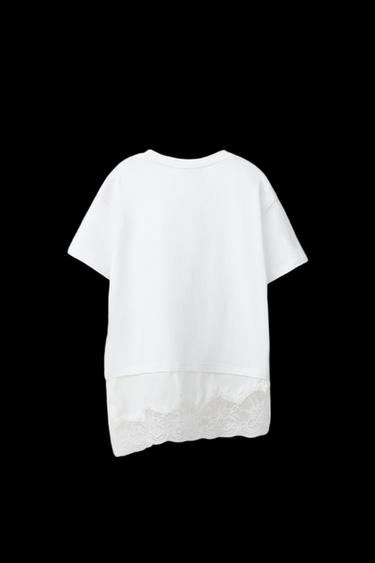 T-SHIRT EN MATIÈRES VARIÉES AVEC DENTELLE - Blanc de Zara - Image 1