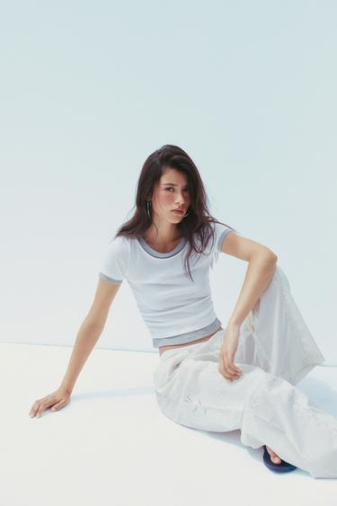 T-SHIRT DOUBLE CÔTELÉ À PLIS - Blanc de Zara - Image 2
