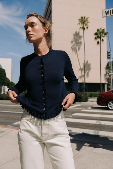 STRIKCARDIGAN MED FLÆSER - marine fra Zara