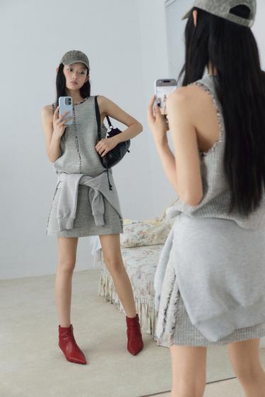 Zara 毛邊結構迷你裙 - 綠色 / 裸色