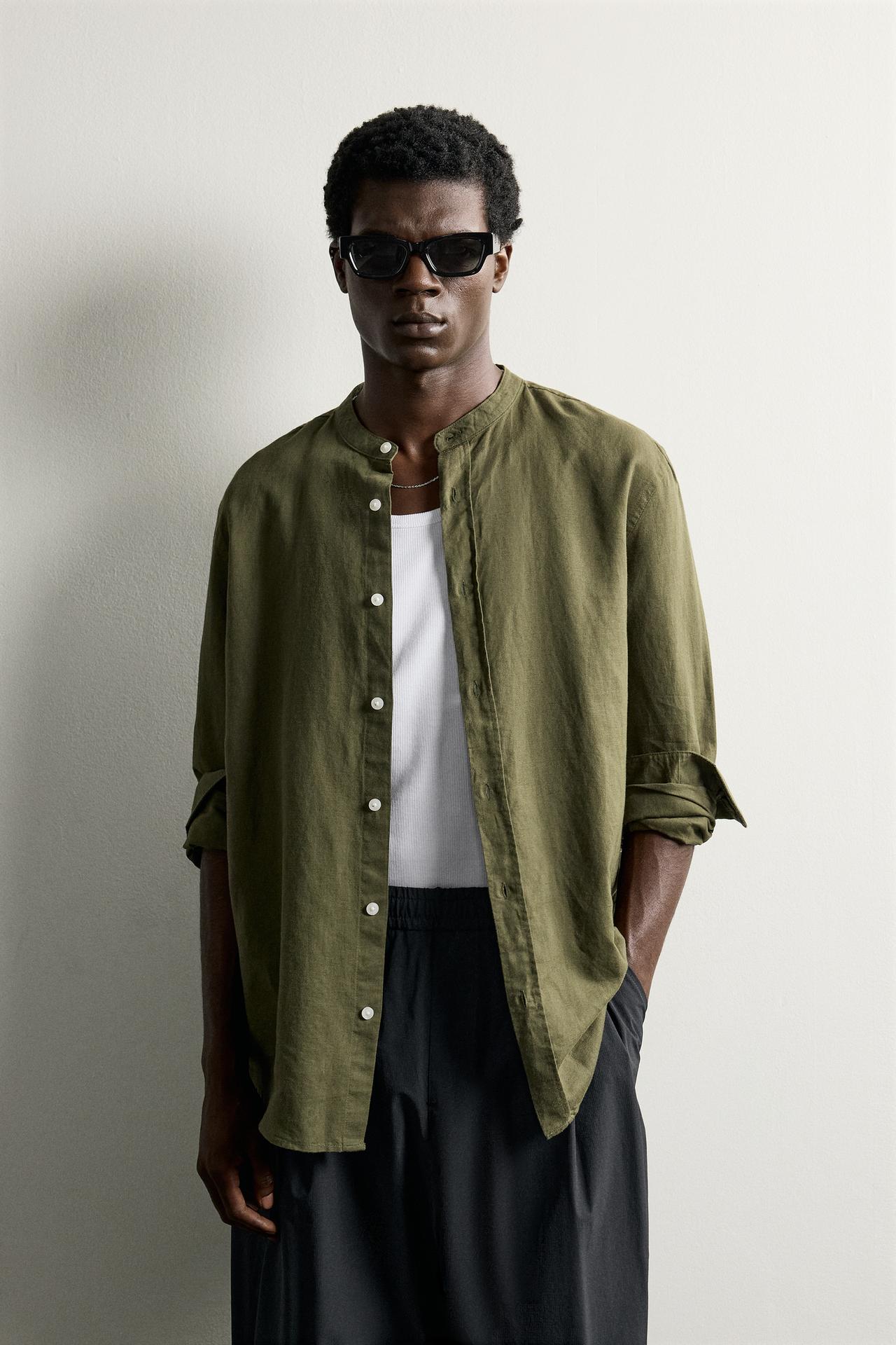 LINEN COTTON RELAXED FIT SHIRT — Khaki