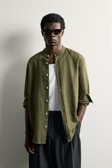 LINEN COTTON RELAXED FIT SHIRT — Khaki 2