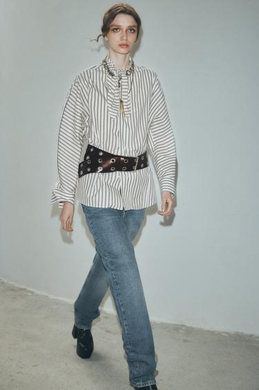 STRIPED SHIRT WITH BOW - Beige-brown by Zara - Image 0