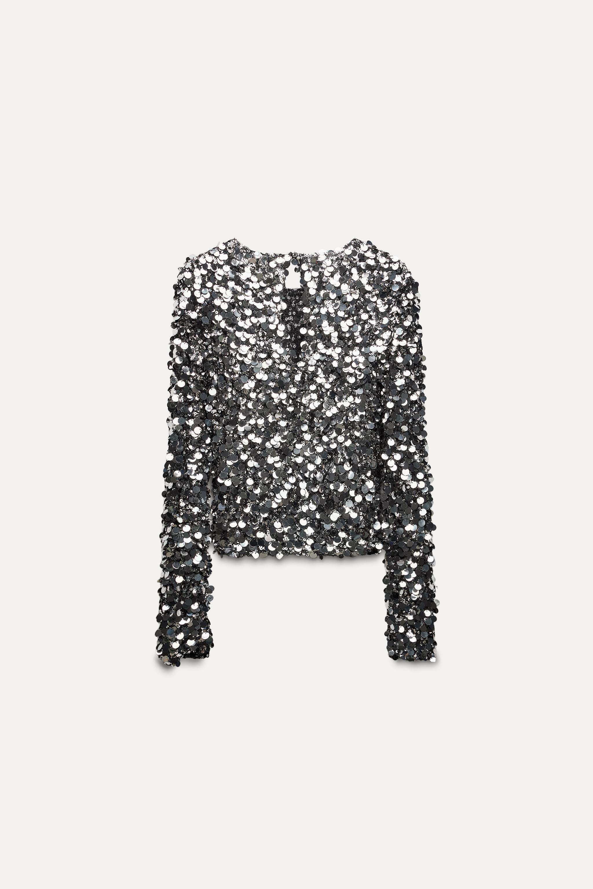 zara white sequin long sleeve top
