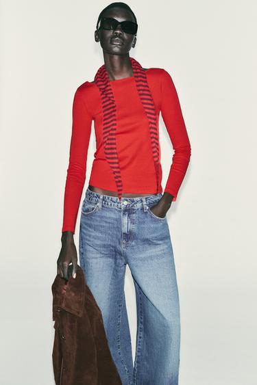 Zara COTTON BOAT NECK T-SHIRT - Red