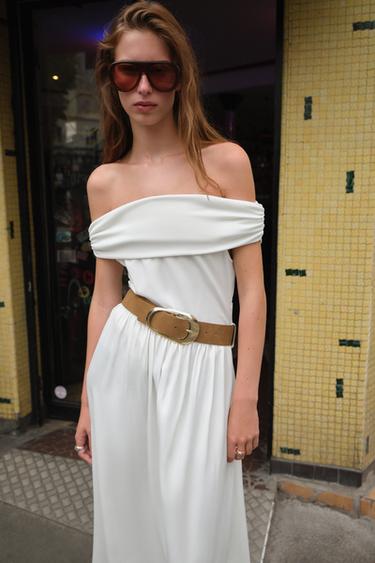 OFF-THE-SHOULDER CONTRAST MIDI DRESS WITH BELT - Ecru by Zara - Image 3