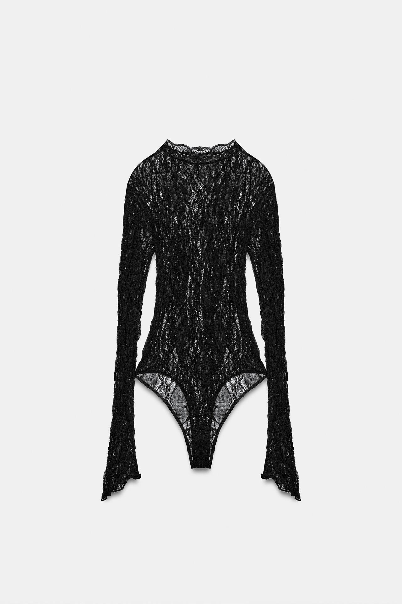 LACE BODYSUIT WITH LONG SLEEVES — Black