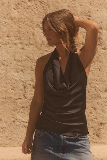 Zara HALTER SATIN EFFECT TOP - Black