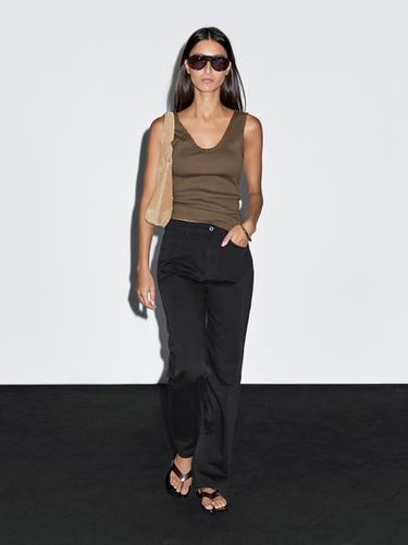 Zara Cotton blend top with frayed piping - Black gold - Image 0