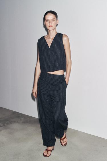 Zara ZW COLLECTION STRIPED LINEN BALLOON PANTS - navy - Image 0