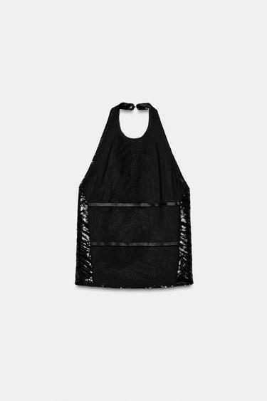 Zara SEQUIN HALTER TOP - Black