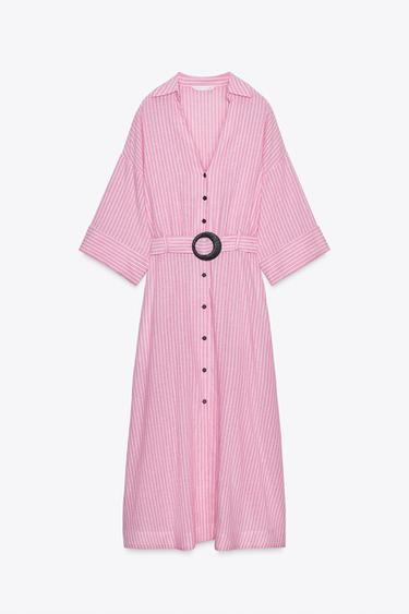 Zara STRIPED LINEN MIDI DRESS - Pink / White