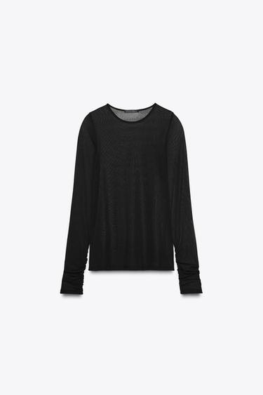 SEMI-SHEER GATHERED T-SHIRT - Black by Zara