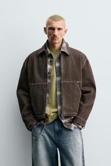 Zara CONTRAST TEXTURED JACKET - Brown