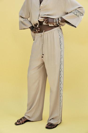 WIDE-LEG TROUSERS WITH EMBROIDERED SIDE STRIPES - Sand by Zara