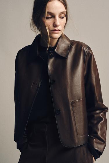 Zara MINIMAL LEATHER JACKET ZW COLLECTION LIMITED EDITION - Brown
