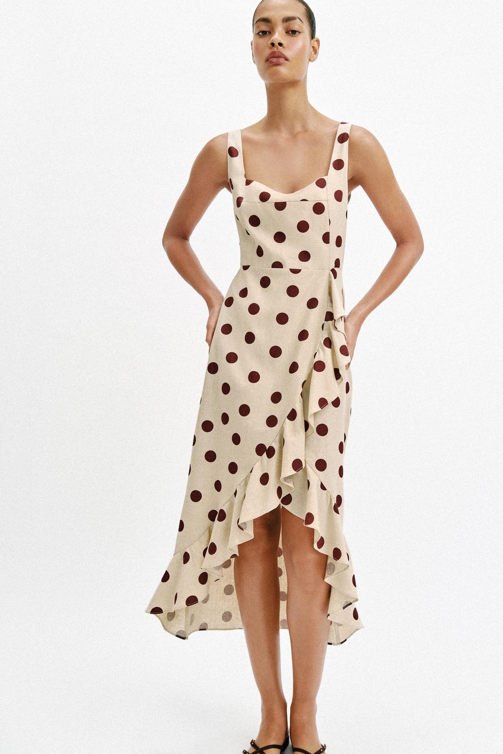 LINEN BLEND POLKA DOT MIDI DRESS