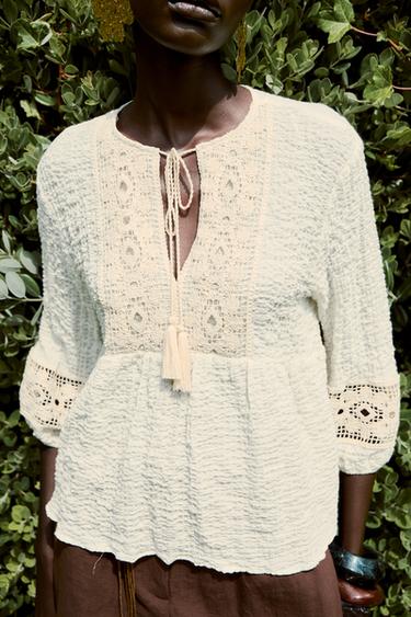 CROCHET COMBINED BLOUSE - Light beige by Zara - Image 2
